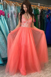 A line Rustic Watermelon Tulle Prom Dress With Lace,WP223 winkbridal