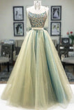 Green Tulle Two Piece Corset Back Beaded Long Prom Dress,WP340
