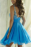 Beading Blue Chiffon Homecoming Dress,Lace Up Graduation Dress,WD076