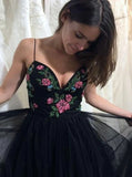 Black Spaghetti Straps Tulle Prom Dress With Appliques,WP330