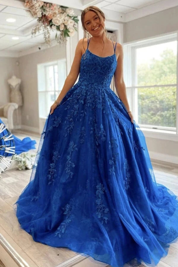 Blue A-line Scoop Neck Tulle Prom Dress With Lace Appliques,WP350