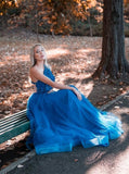 Blue Lace One Shoulder Tulle Prom Dress Long Formal Dress,WP280