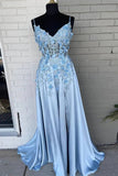 Blue Satin 3D Flowers Prom Dresses A Line Evening Dresses,WQ107