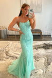 Blue Tulle Mermaid Prom Dresses With Lace Appliques,Long Party Dresses,WQ102