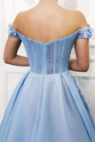 Blue Tulle Off The Shoulder 3D Floral Long Prom Dress,WP049