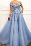 Blue Tulle Off The Shoulder 3D Floral Long Prom Dress,WP049