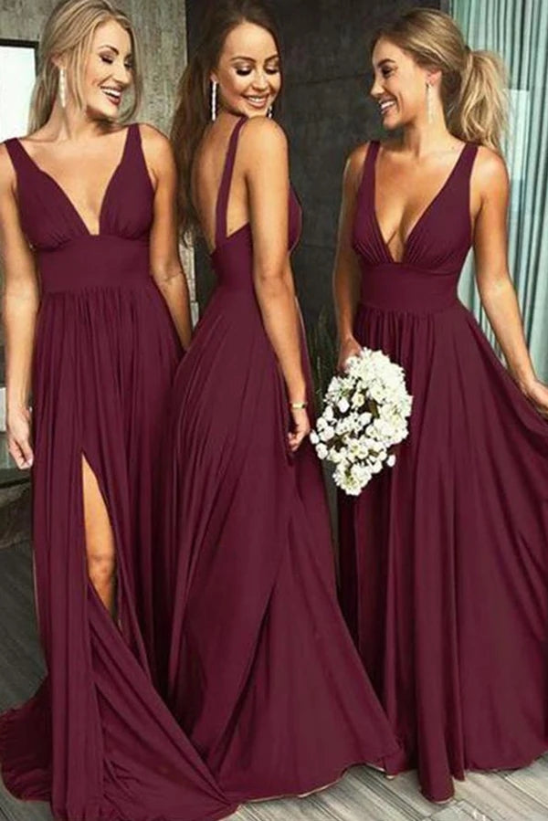 Burgundy A Line Side Split Bridesmaid Dress,WB002