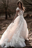 Cap Sleeve Ivory A-line Beach Weding Dresses Lace Appliqued Bridal Gowns,WW228