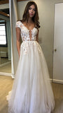 Cap Sleeve Ivory A-line Beach Weding Dresses Lace Appliqued Bridal Gowns,WW228