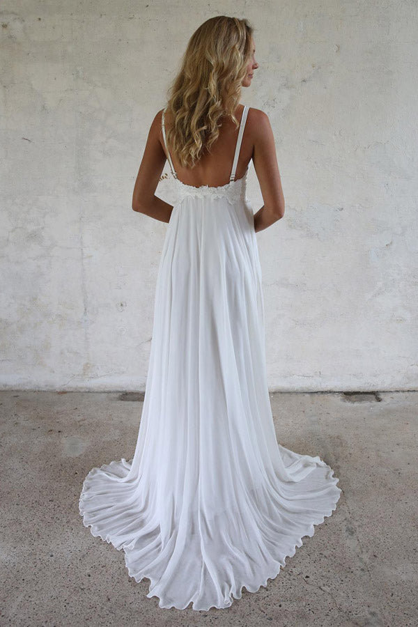 Charming Backless A-line White Chiffon Lace Wedding Dresses,WW239