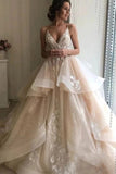 Charming A-line Champagne Layered Tulle Wedding Dress with Appliques,WW094