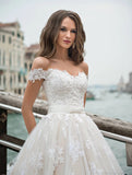 Charming Off The Shoulder Wedding Dress With Lace Appliques,WW099