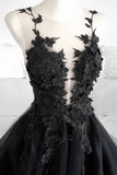 Chic Black Tulle A-line Long Prom Dress With Appliques,WP329