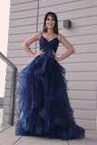 Elegant A-line Navy Blue Tulle Long Prom Dress With Ruffles,WP387