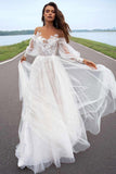Elegant A Line Long Sleeve Tulle Wedding Dress With Lace Appliques,WW212
