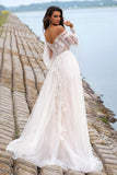 Elegant A Line Long Sleeve Tulle Wedding Dress With Lace Appliques,WW212