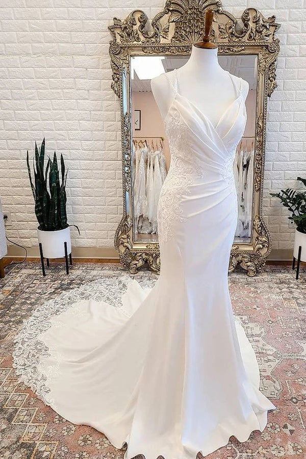 Elegant Mermaid Ivory Wedding Dress With Cutout Lace Train,WW079