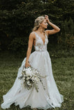 Elegant V Neck See Through Ivory Wedding Dress With Lace Appliques WW279 winkbridal