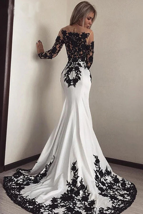 Elegant White Satin Mermaid Long Prom Dress Chic Black Lace Evening Gown WP441winkbridal