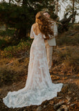 A Line Long Sleeve Wedding Dress V Back Rustic Bridal Gown, WW181