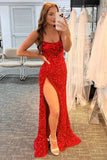 Fuchsia Sequins Long Prom Dress Side Slit Formal Dress WP435