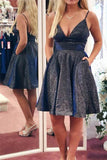Glitter Navy Blue V Neck Homecoming Dress Party Dress WD268 winkbridal