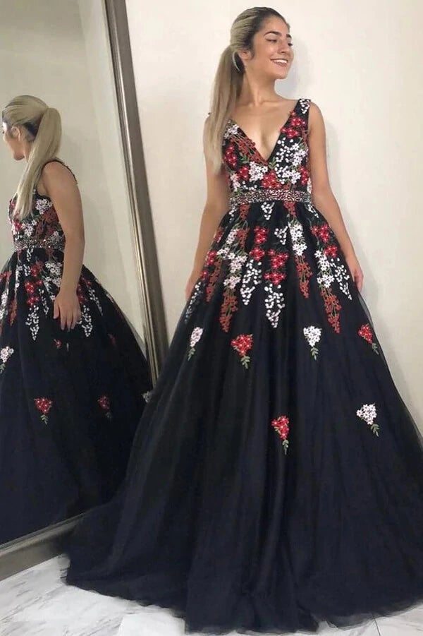 Gorgeous Beaded A Line Long Prom Dress With Floral Embroidery,WP319