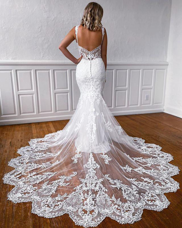 Gorgeous Mermaid White Lace Wedding Dress with Sweep Train,WW128