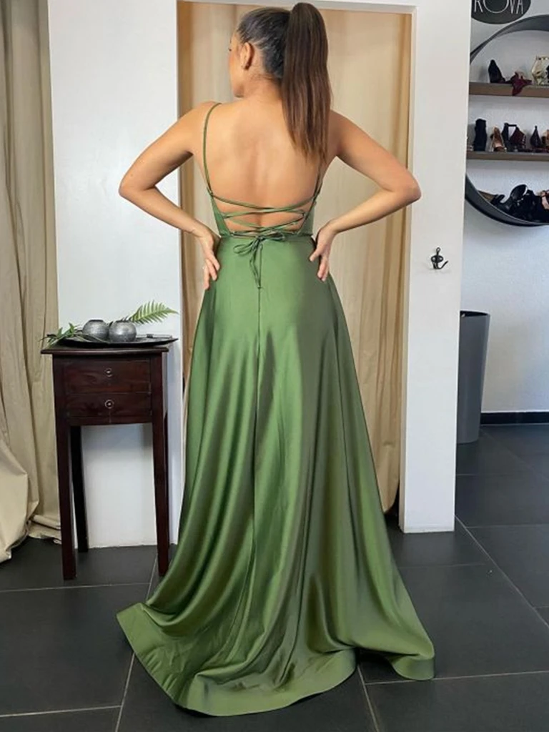 Green Satin Backless Straps Long Prom Dresses With Slit WP359