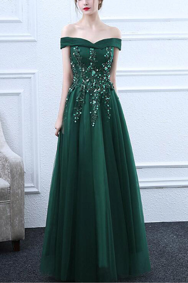Emerald Green Tulle Off The Shoulder Prom Dresses With Appliques,WP371