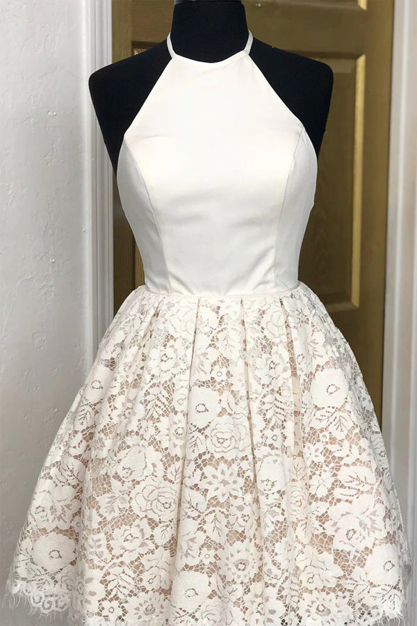 Halter Neckline A-line Backless Ivory Lace Short Homecoming Dress WD240