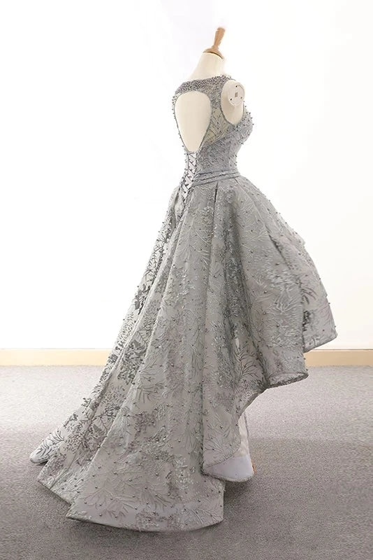 High Low Silver Lace Prom Dress With Beading,WP007 winkbridal
