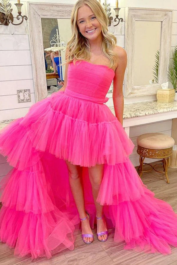 Hot Pink High Low Strapless Layered Tulle Prom Dress Long Party Dress,WP357 winkbridal