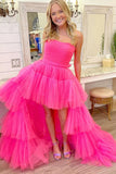 Hot Pink High Low Strapless Layered Tulle Prom Dress Long Party Dress,WP357 winkbridal