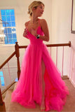 Long Hot Pink Tulle Prom dresses With High Slit,WP374