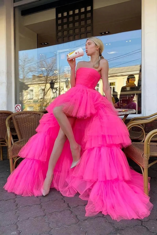 Hot Pink Strapless Tiered Tulle Long Prom Dress Sweet 16 Dress,Wp451