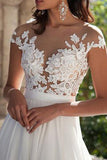 Illusion Neck Cap Sleeve Chiffon Wedding Dress Top Lace Bridal Dress,WW130