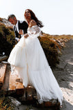 Ivory Long Sleeve Pleats Tulle Sweetheart Wedding Dresses With Sweep Train,WW231