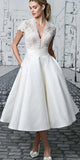 Ivory Satin Tea-Length Vintage Wedding Dress Simple V-Neck Bridal Gown WW060 winkbridal