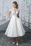 Ivory Satin Tea-Length Vintage Wedding Dress Simple V-Neck Bridal Gown WW060