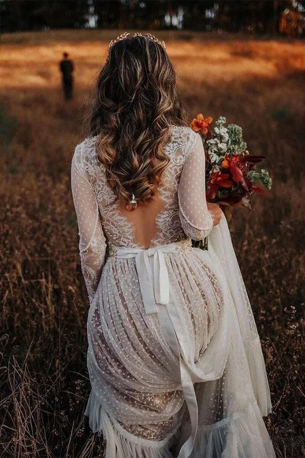 Lace Polka Dot Boho Wedding Dress Ivory Birdal Gown,WW087