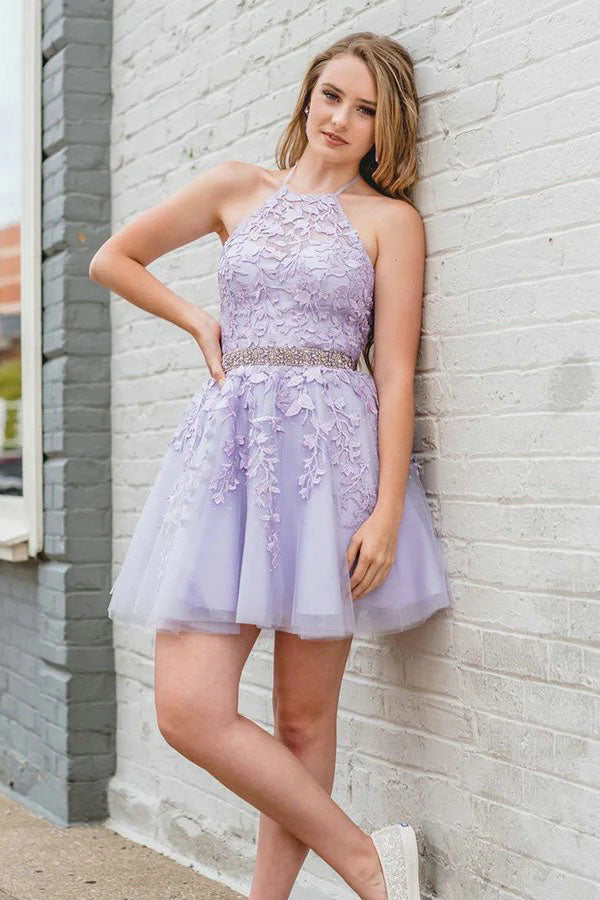 Lavender A Line Halter Lace Appliques Homecoming Dress Beaded Belt WD271
