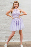 Lavender A Line Halter Lace Appliques Homecoming Dress Beaded Belt WD271