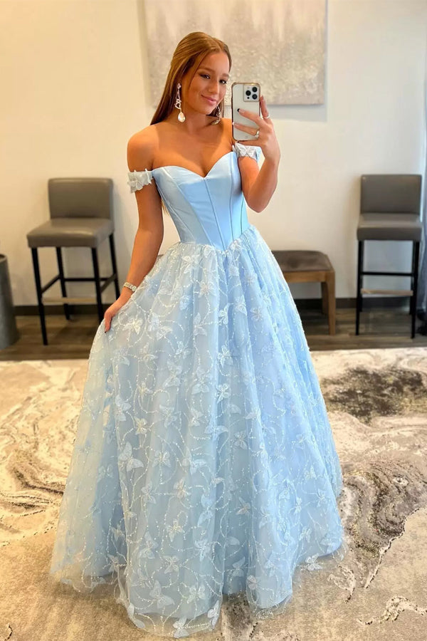 Light Blue Off The Shoulder Embroidered Butterfly Prom Dress,A Line Party Dress WP429