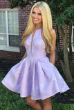 Lilac Jacquard Satin Halter Neckline Short Homecoming Dress,WD194