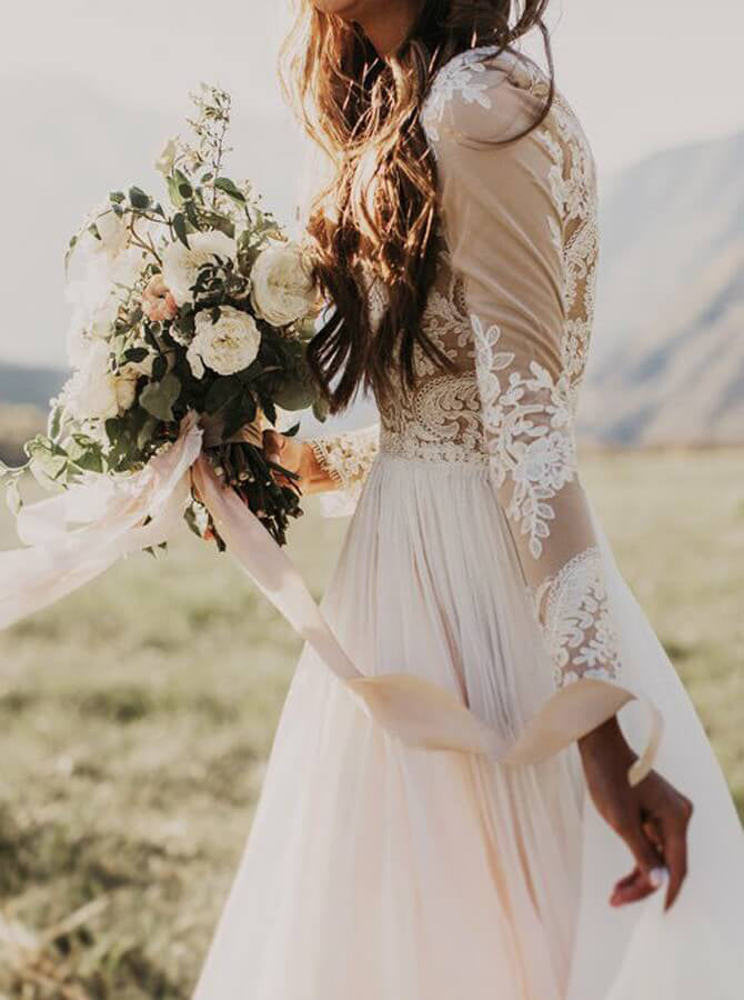 Long Sleeve Chiffon Rustic Wedding Dress Lace Appliques Beach Bridal Dress,WW118