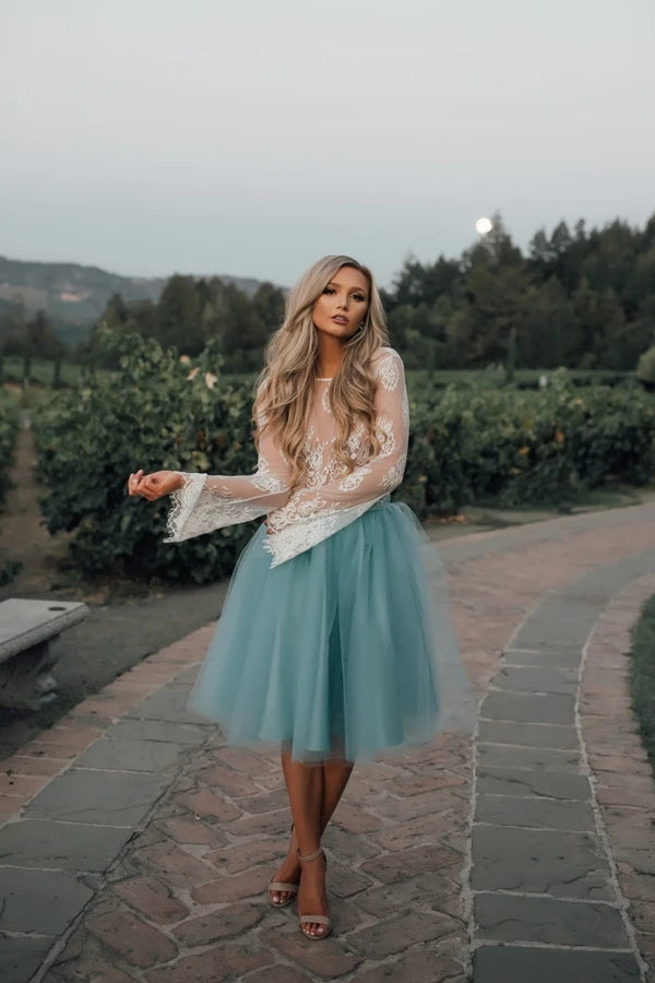 A-line Long Sleeve Lace Tulle Homecoming Dresses Short Prom Dresses,WD008