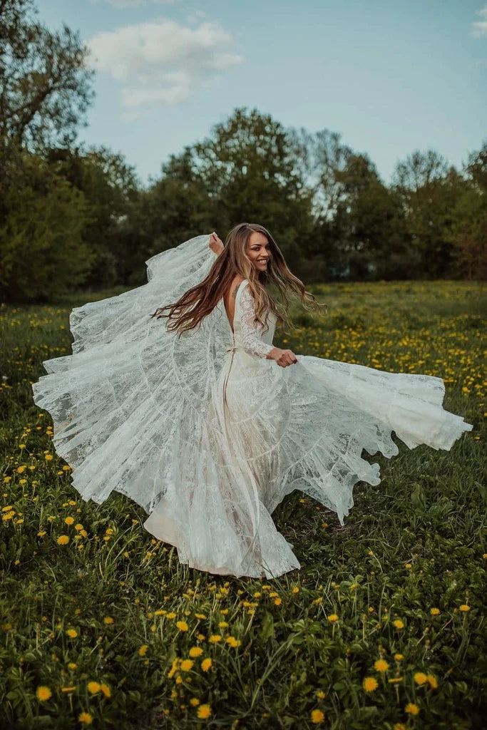 Long Sleeves Lace Wedding Dress Bohemian Bridal Gowns,WW185