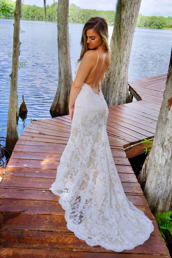 Low Open Back Mermaid Wedding Dress,Lace Beach Bridal Gown,WW313