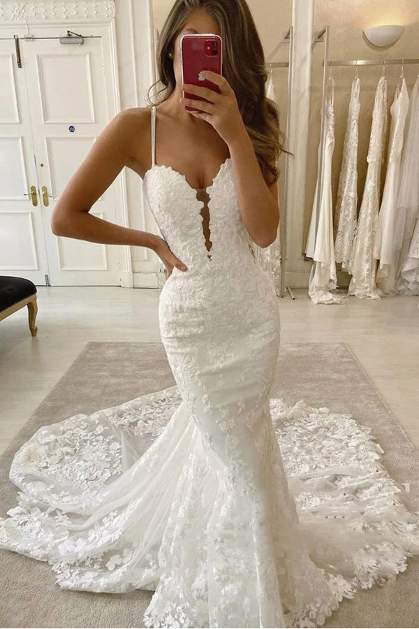 Mermaid Lace Appliques Wedding Dress Spaghetti Straps Bridal Gown,WW022